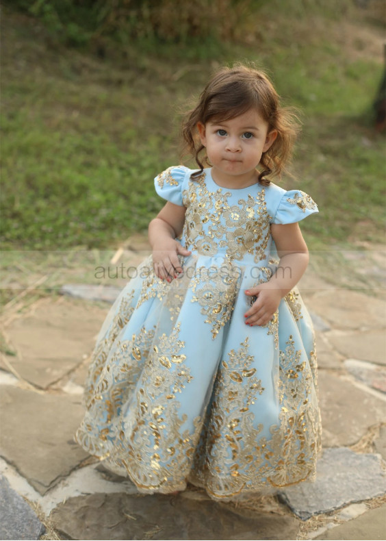 Gold Lace Sky Blue Tulle Fancy Flower Girl Dress